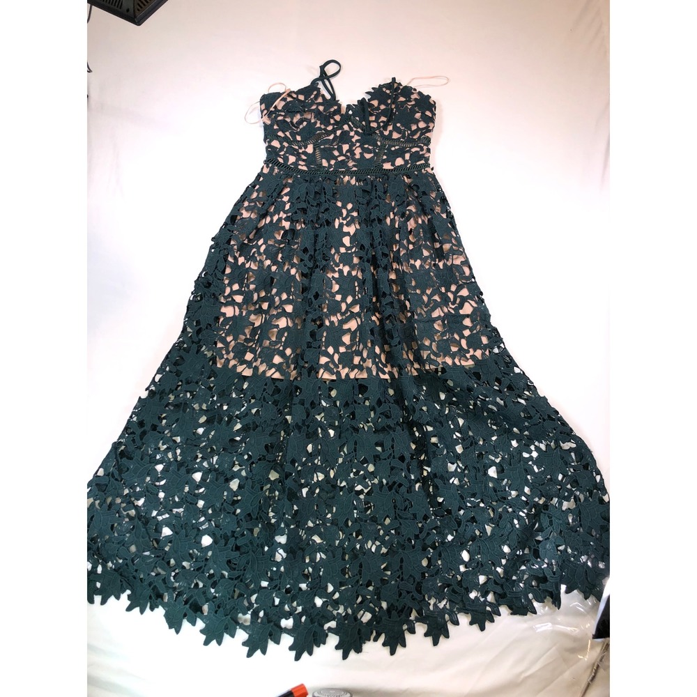 AQUA Dark Green Guipure Lace Midi Dress Nude Lining Green Small Cocktail Formal